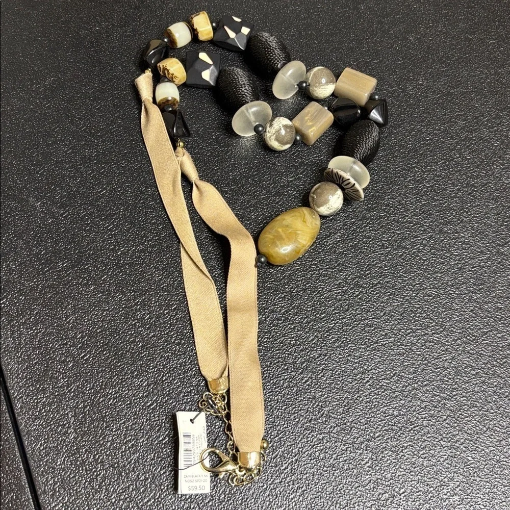 NWT Chunky Beaded Ribbon Zain Black Boho Rare Necklace Statement